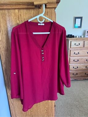 Maurices Red V-Neck Button-Front Blouse